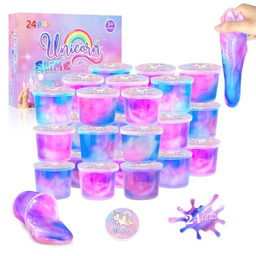 24 Pack Unicorn Slime Party Favors for Kids Slime Cup Bulk DIY Stress Relief Putty Toy Stretchy Non-Sticky Christmas Easter Birthday Goodie Bag Stuffer Classroom Reward for Girls Boys