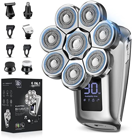 8D Electric Head Shaver for Bald Men, Upgrade 6-in-1 Floating Head Shaver for Mens, Waterproof Wet/Dry Grooming Kit(Silver)