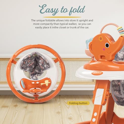 Image of Baybee Minto 2-in-1 Baby Walker for Kids with Push Handle, 2-Level Height Adjustment, Footmat & Musical Toy Bar | Activity Push Walker for Babies 6-18 Months (Orange)