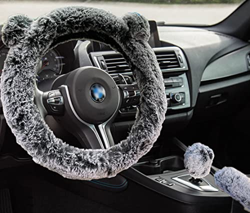 Fuzzy Steering Wheel Cover Cute Fluffy Car Wheel Cover Women Bear Panda Ears 14.5 15inch Soft Warm Furry Plush Wool Fur Wheel Protector & Handbrake & Gear Shift Cover Set Winter Warmer hands Grey
