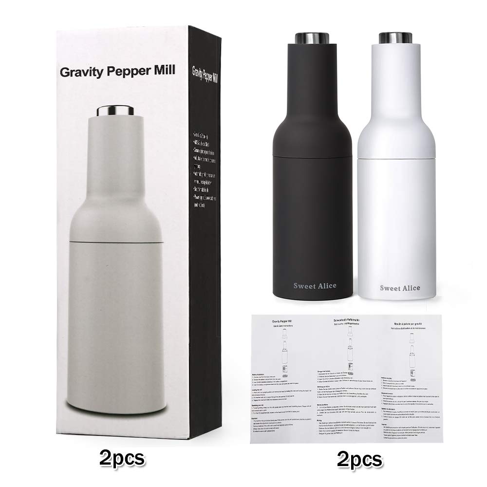 HAITRAL Set macina sale e pepe elettrico a gravità, 2 pezzi in ceramica elettrica, funzionamento a batteria, funzionamento automatico con una sola mano, grana regolabile, bianco e nero