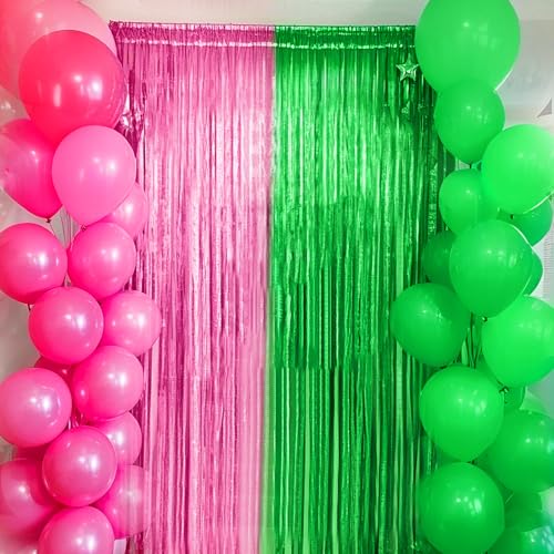 Image of 4 Packs Pink and Green Foil Fringe Curtain, Pink Green Metallic Tinsel Backdrop for Birthday, Baby Shower, Princess Bachelorette Party, Witch Party Decorations Supplies