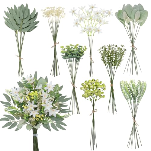 Weldomcor 70 Pcs Mixed Artificial Leaves, 8 Kinds Artificial Greenery Stems Leaves and Faux Flowers