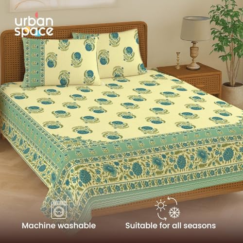 Image of Urban Space 100% Cotton Jaipuri Handblock Premium Printed King Size Bedsheet with 2 Pillow Covers, 240 TC Cotton King Bedsheet (108 x 108 Inches, Chaandbali Sage Green)