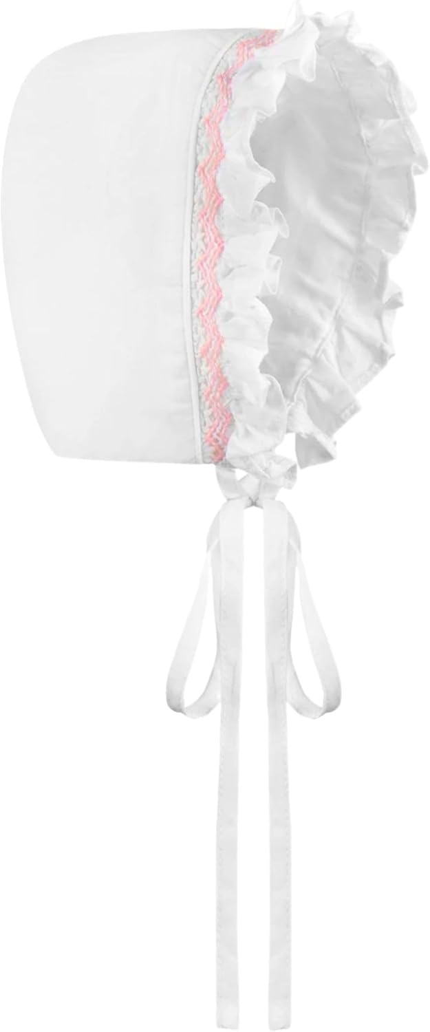 Carriage Boutique White Christening Gown Hand Smocked Yoke with Cross Detail and Short Sleeves + Bonnet