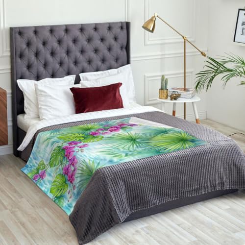 Plaid orchidée et palmier 150x200 cm | Couverture canapé vert d'été légère