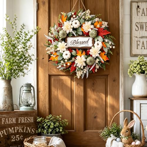 Idyllic 24" Fall Wreath Pumpkins Dahlias Blessed Wood Sign for Front Door by idyllic - Used condition - Image 7