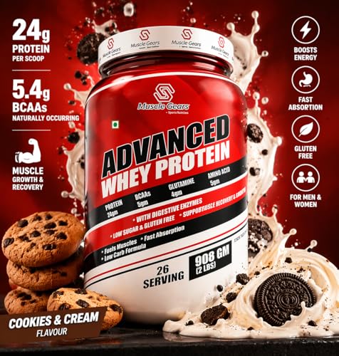 Image of Muscle Gears Advanced Whey Protein | 24g Protein | 5.4g BCAAs | 4g Glutamine | 5g Amino Acids | Digestive Enzymes Blend | Cookies & Cream Flavor | Gluten Free | 2 LBS (908g)