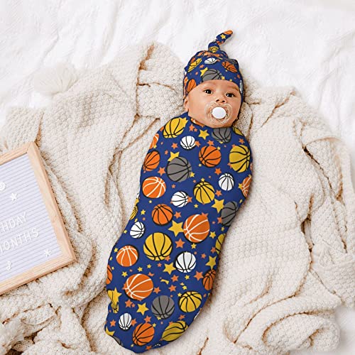 Image of Basketball Newborn Swaddle Blankets with Hat Sets Newborn Receiving Blanket for Boy Girl Swaddle Sack Shower Infant Gift