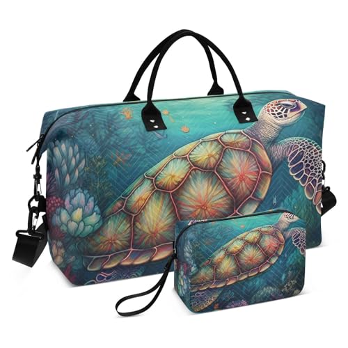 Large Travel Duffel Bag, Boho Sea Turtle Sports Tote Gym Bag, Shoulder Weekender Overnight Bag for Women Men, Carry On Luggage with Toiletry Bags