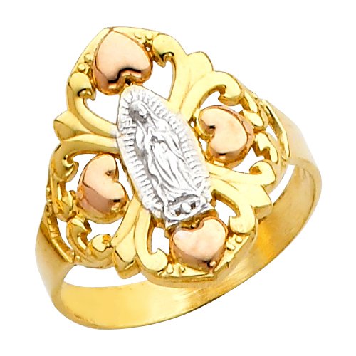 Saint Collection Filigree-Style 10k Tri-Color Gold Four Leaf Clover Hearts Our Lady of Guadalupe Ring