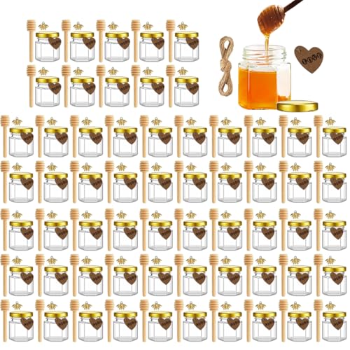 Opiniones y reviews de Tarros los mejores 10. 48 Mini Tarros de Miel de Vidrio 1,5 oz, 60PCS Tarros Pequeños Hexagonales con Tapas Doradas para Miel, Especias, Mermelada y Velas, Tarros de Albañil para Recuerditos para Regalo...