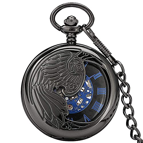 FDSGEWW Reloj de Bolsillo Antiguo ala Negra Half Hunter Reloj de Bolsillo mecánico Números Romanos Azules Pantalla Colgante Reloj de Cuerda Manual Cover