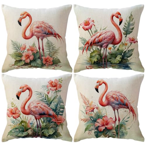 ULOVE LOVE YOURSELF 4Pack Flamingo Throw Pillow Cases with Hibiscus Floral Tropical Design Home Decorative Cushion Covers 18"x18" for Sofa Couch Porch (Pink/Green)