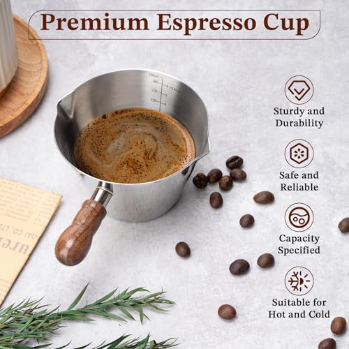 Image of Amrules 6.8oz Espresso Measuring Cup with Wood Handle & Double Spout,Silver