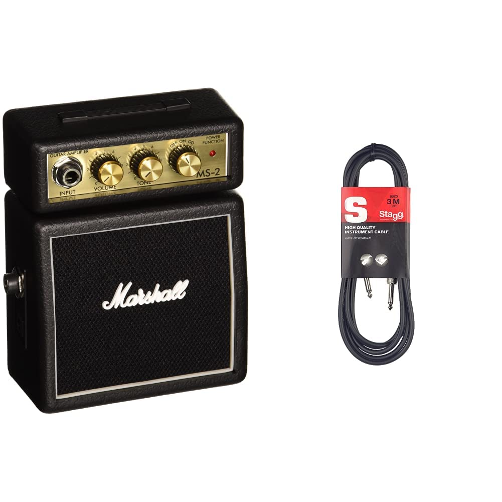 Marshall MS-2 Micro Amp Mini-Verstärker & Stagg Hochwertiges Instrumentenkabel Cinch auf Cinch-Stecker, 3 m