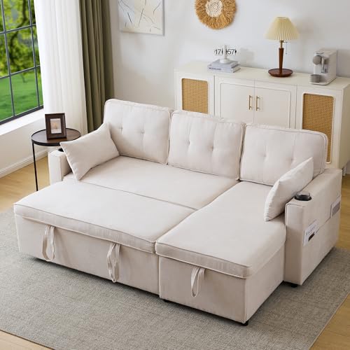 Merax Sofa Ecksofa mit Schlaffunktion, Praktisches Schlafsofa mit Bettkasten, Schlafcouch mit Stauraum, Getränkehalter und Seitentaschen, Modernes L-förmiges Couch für Wohnzimmer, Schlafzimmer, Beige