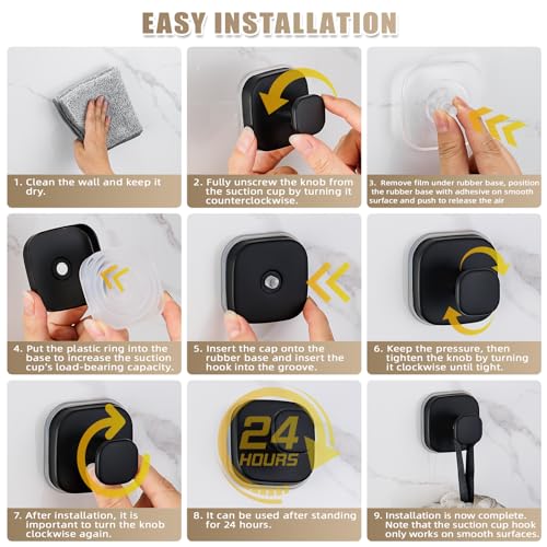 Image of Suction Cup Hooks for Shower - Resuable Bathroom Hooks for Towels, Robes & Loofah - No-Drill Mounting on Kitchen,Walls,Metal,Glass,Mirrors,Tile & Smooth Non-Porous Surfaces (4, Matte Black)