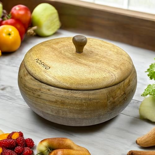 Image of POSHIO Wooden Casserole Hotpot Box with 1 Ladle, Breads Storage & Serving Box | Mango Wood Container | Non-Toxic Polished Serveware- Natural Wood Finish (1, Natural, 9x9x4in, Style 2)