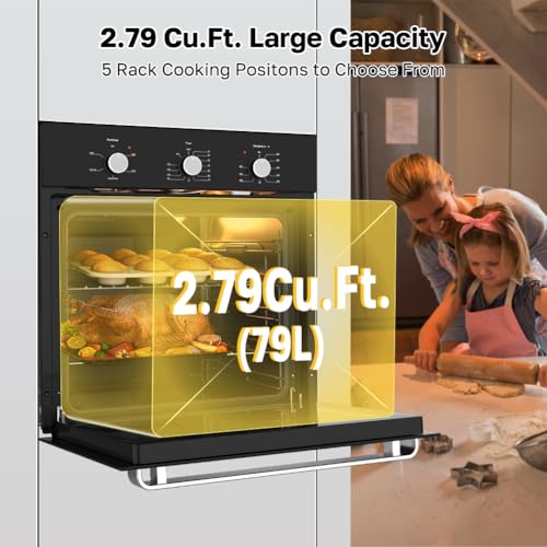 Image of ThermoMate 24 inch Built-in Electric Wall Oven, ETL Certified, 2.8 Cu. Ft. Electric Wall Oven with 5 Cooking Functions, Black, Anti-Mistouch Knob, Removable 3-Layer Glass Door, 2200W