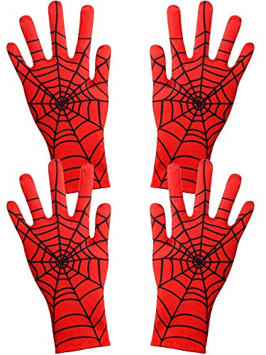 Geyoga 2 Pairs Spider Web Gloves Halloween Spider Red and Black Gloves for Fathers Day Masquerade Homecoming Cosplay Gifts(Child)