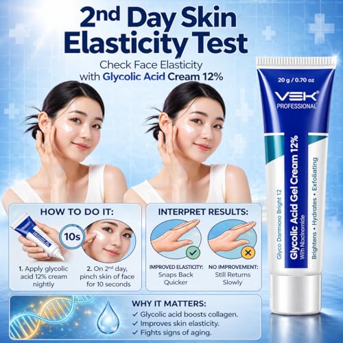 Image of VSK Professionals12% Glycolic Acid Cream Gel for Brightning, Anti-Pigmentation & Melasma Acne, Pimples & Dark Spots | Unclogs Pores, Smooth Skin Care With PDRN SPF50 Sunscreen Combo | 4 Tubes 20g each (80grm)
