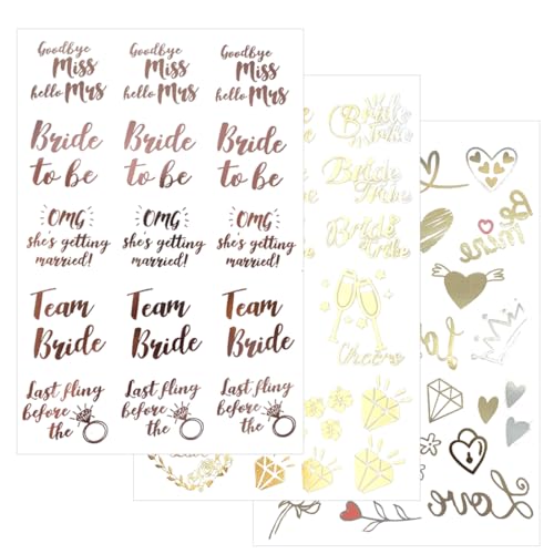 WHYCNJL 60 Stück Braut Bachelorette Temporäre Tattoos Bachelorette Party Gadgets Braut Team Dekorationen Hochzeitspartys Brautdusche 3 Blätter Silber Und Rose Gold