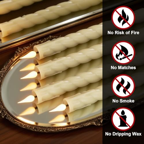 Image of Flickering Flameless Taper Candles with Remote and Timer, 2 Pack Battery Operated LED Taper Candles 3D Wick Plastic Dripping Effect Dinner Wedding Holiday Decor(Ivory, 0.78 inch D x 9.65 inch H)