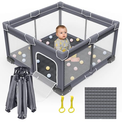 Image of Grobeybees Foldable Baby Playpen with Mat, Foldable Playpen for Babies and Toddlers, Folding Baby Activity Center, Portable Play Yard with 2 Handlers + Suitable Size Mat(Grey, 50x50 inches)