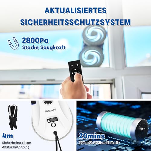 Fensterputzroboter, Elektrischer Fensterputzer 2800Pa 3-Modi mit Intelligenter Kanten-Erkennung, Fernbedienung, Automatische Wasserstrahl Fensterreiniger Roboter für Innen- und Außenfenster – Bild 4