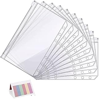 11 Pcs Cash Envelopes, Waterproof PVC Binder Pockets A6 Money Saving Wallet 6 Holes Zipper Folders with Label Stickers for Bill Money Cash Cards