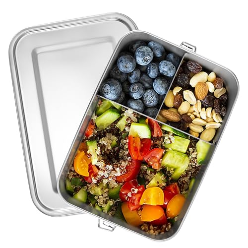Joyfair Stainless Steel Lunch Box, 1400ml Large Bento Box with 1 Removable Compartment, Sandwich Salad Food Storage Containers for Adults and Kids, Lockable Clips & Leak Proof, Oven & Dishwasher Safe