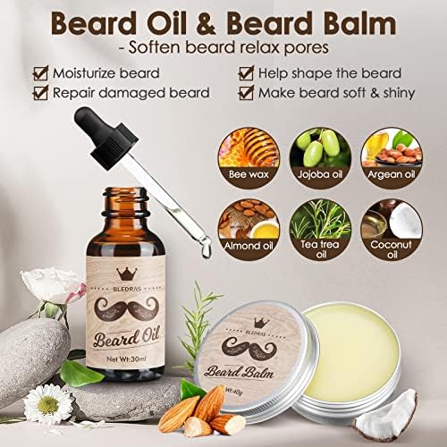 Kit Barbe Homme Bledras 10pcs - Shampoing, Huile Barbe, Baume, Rasoir Coupe Choux, Ciseaux, Peigne, Brosse, Pochoir, Sac