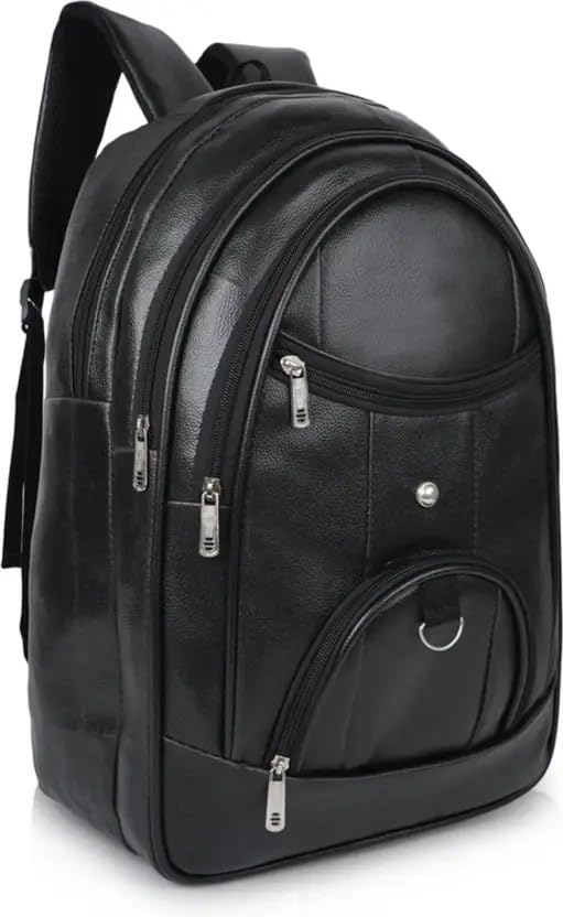 Image of Laptop Backpack for Men & Women | Black Faux Leather Office & Travel Bag 40L | Spacious Laptop Compartment | Front Organizer Pocket | College, Business & Daily Use