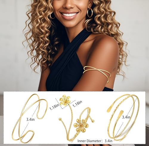 BOMAIL 3Pcs Gold Arm Cuff Bracelets for Women Open Adjustable Upper Arm Bangle Adjustable Coil Swirl Armlet Armband Set Minimalist Upper Arm Cuff Jewelry for Women2