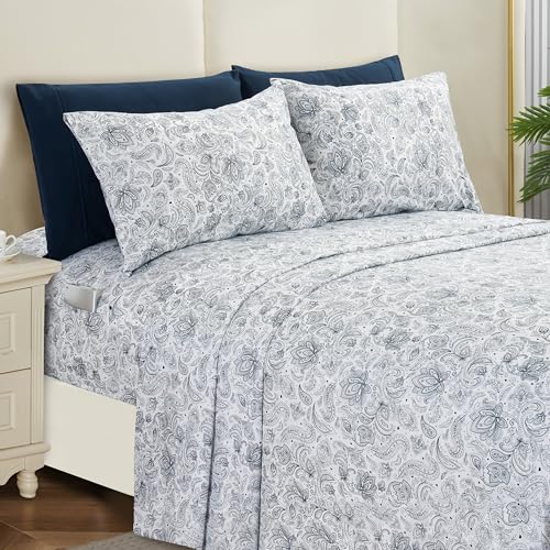 Image of Elegant Comfort Softest and Coziest 4-Piece Sheet Set - 1500 Premium Hotel Quality Microfiber - Deep Pocket, Wrinkle Resistant 4-Piece Paisley Pattern Bed Sheet Set, Twin XL, Paisley Navy
