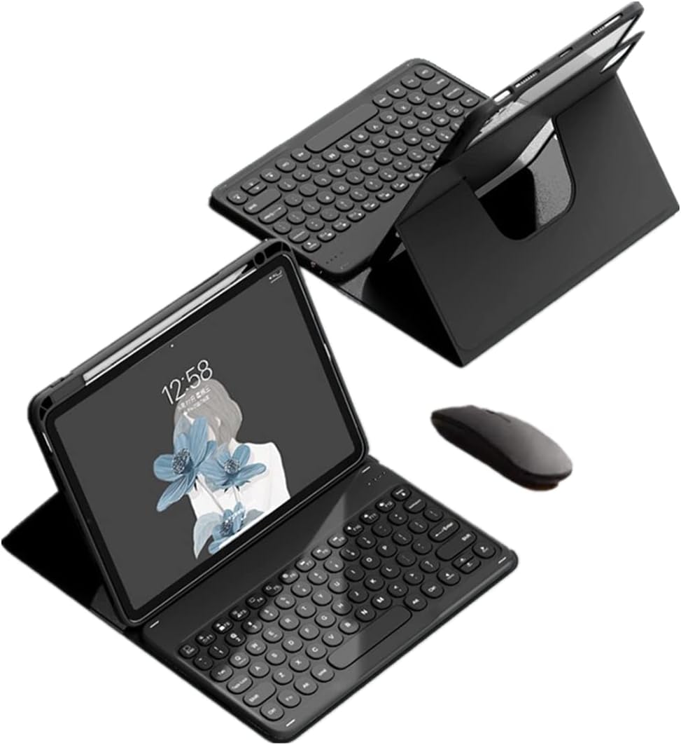Keyboard case for iPad 9th 8th 7th Gen 10.2 inch，With mouse 360° Rotating Vertical Horizontal Magnetic Detachable Bluetooth keyboard Folio case Clear back cover Built-in pen holder (Black（Round key ）)