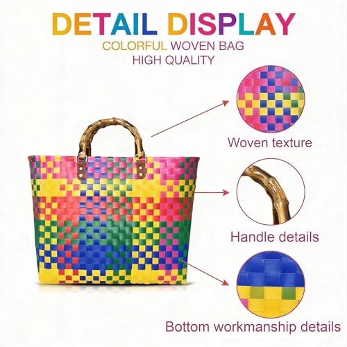 Bolso Tote grande para playa estilo boho con asas de bambú miniatura 5