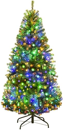 Goplus 4FT Pre-Lit Artificial Christmas Tree, Hinged Xmas Full Tree with 100 Dual-Colored LED...