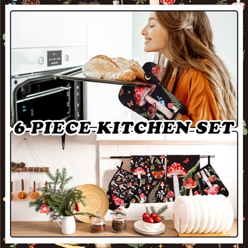 Bencailor 6 Pcs Mushroom Kitchen Towels Oven Mitts and Pot Holders Set Decorative Dish Towels Tea Washcloth Non Slip Heat Resistant Oven Gloves for Summer Home Cooking Baking, Red by Bencailor - Image 2