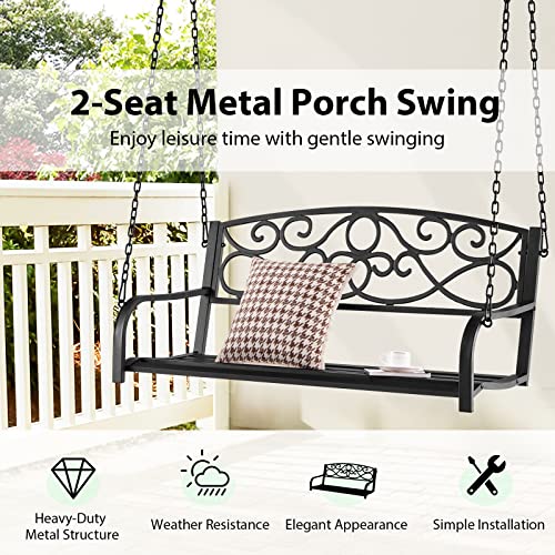Giantex Metal Porch Swings 2 Person Outdoor Hanging Garden Bench With Sturdy Chains, Wide Seat & Curved Armrests, 485 Lbs Weight Capacity Swing Loveseat For Deck, Backyard Patio Swing Chair (Black) #TOP3