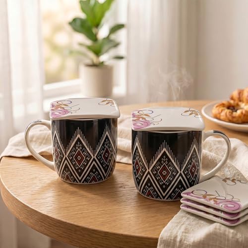 Image of U.P.C. Premium Bone China Ceramic Coffee Mug Set of 6 with 6 Coasters | Designer Tea & Coffee Cups |Printed Ceramic Mug Set | Tea Cups for Home,Office.
