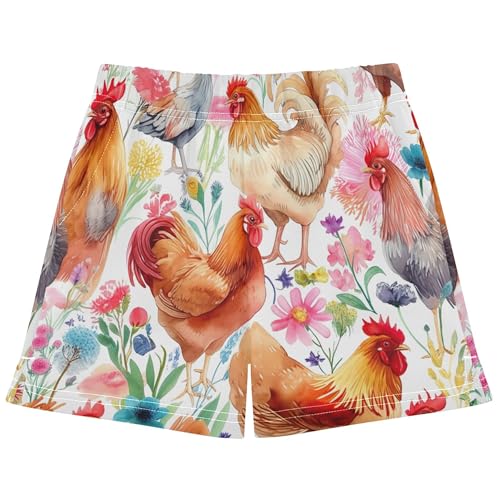Girls Athletic Shorts Colorful Chickens Vibrant Flowers Print Comfy Summer Pajama Activewear Youth Teens, X-Small
