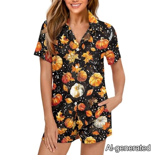 Image of Renewold Women's Short Sleeve Pajama Set Button Down Sleepwear with Notch Collar Soft Lounge Top and Shorts with Pockets