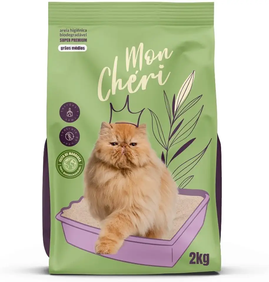 Mon Cherie - Areia Higiênica para Gatos, 100% Mandioca, Biodegradável, Controle de Odores, Grãos Médios (2 Kg)