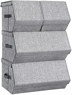 SONGMICS Storage Boxes with Lids, Set of 4 Storage Organisers for Wardrobe Closet, Metal Frame, Magnetic Closure, For Clothes Toys Books, Grey RLB22GY