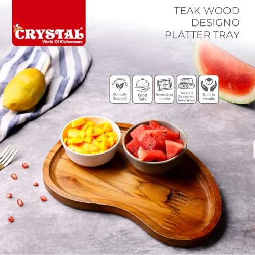 Image of Crystal Premium Teak Wood Designo Platter Tray | Wooden Serving Tray | Rustic Tray for Serving, Decoration, Storage |for Breakfast, Party, Restaurant, Coffee | Size :36 * 9 cm