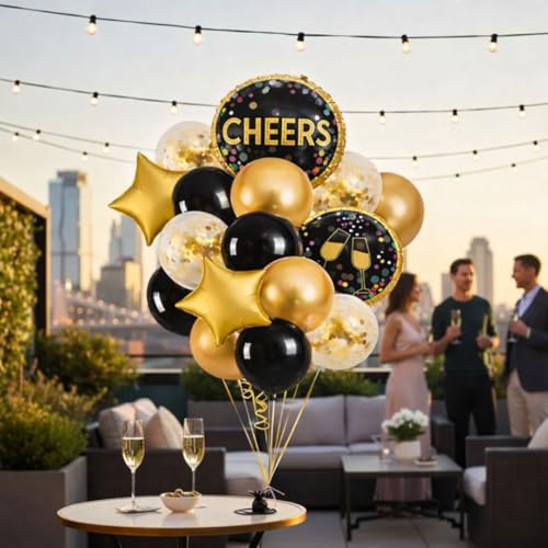 Image of Wanna Party Cheers Party Balloon Decoration Set Pack of 16 | Black & Gold Foil Balloons with 12 Inch Latex Balloons for Birthday, Anniversary, New Year Decor