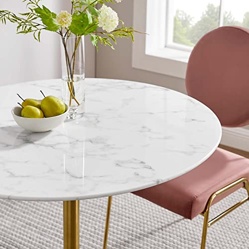 Image of Modway Lippa 36 inch Mid-Century Dining Table with Round Artificial Marble Top in Gold White