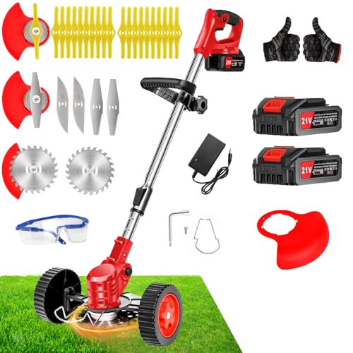 21V Cordless Weed Wacker with Wheels, 3-in-1 String Trimmer/Lawn Edger/Brush Cutter, 2x2.0Ah Battery & 3 Blades, Adjustable Height, Lightweight & Easy for Thick Weeds & Small Yards – Homeowner
